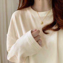 De Rong Thermal Base Layer Shirt for Women, Spring and Autumn, Fleece-Lined, Thickened, Solid Color T-Shirt, Loose Fit, Versatile, Round Neck, Brushed Top