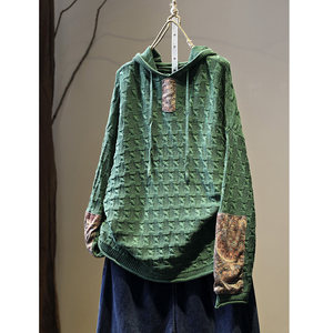 
New autumn loose hooded sweater for women's literary slim long-sleeved patch temperament warm sweater pullover top