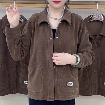 New autumn loose casual versatile solid color corduroy jacket middle-aged mother dress long-sleeved top large-size cardigan