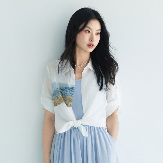 Evely shirt printing design mid-sleeved women's top 2024 summer new style 1F4221071I
