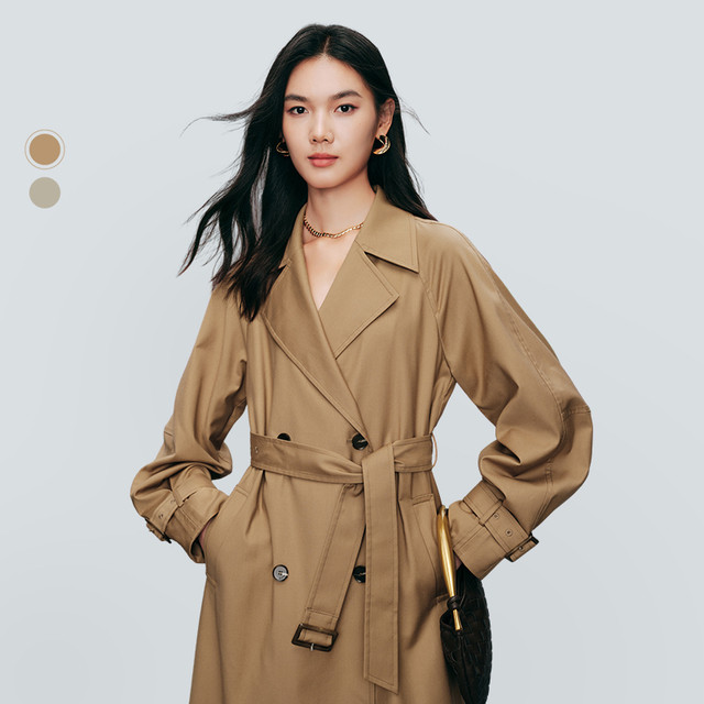 Evely's classic basic versatile aura double-breasted belt waist trouser long windbreaker 2024 autumn jacket
