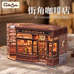 Cutebee Street Corner Coffee Shop Handmade DIY Miniature Scene Model House Assembly Toy Gift for Men and Women