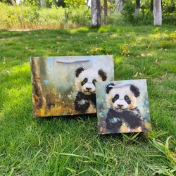 Oil Painting Style Panda Gift Bag, Cute Oil Painting Children's Day Paper Tote Bag, Birthday Packaging Bag, Cup Tote Bag