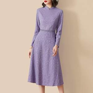 
Fashionable lace dress Spring and autumn retro stand collar versatile over-the-knee women's chiffon temperament Violet A-line base skirt