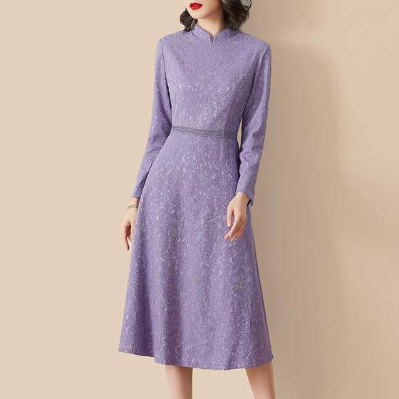 
Fashionable lace dress Spring and autumn retro stand collar versatile over-the-knee women's chiffon temperament Violet A-line base skirt