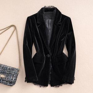 
Spring and Autumn new style black velvet suit slim waist lace edge long sleeve gold velvet small suit women's jacket top