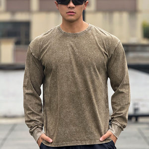 
Washed long-sleeved men's T-shirt, round neck, sports and fitness loose cotton, American trendy brand, muscle builder, Iron Dog Brothers bottoming shirt