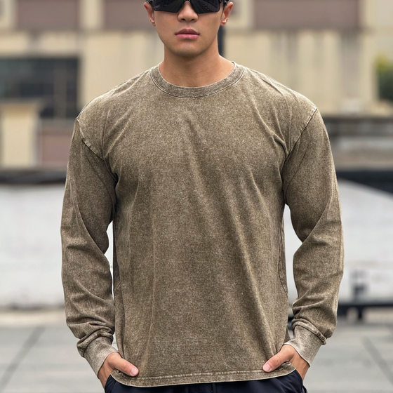 
Washed long-sleeved men's T-shirt, round neck, sports and fitness loose cotton, American trendy brand, muscle builder, Iron Dog Brothers bottoming shirt