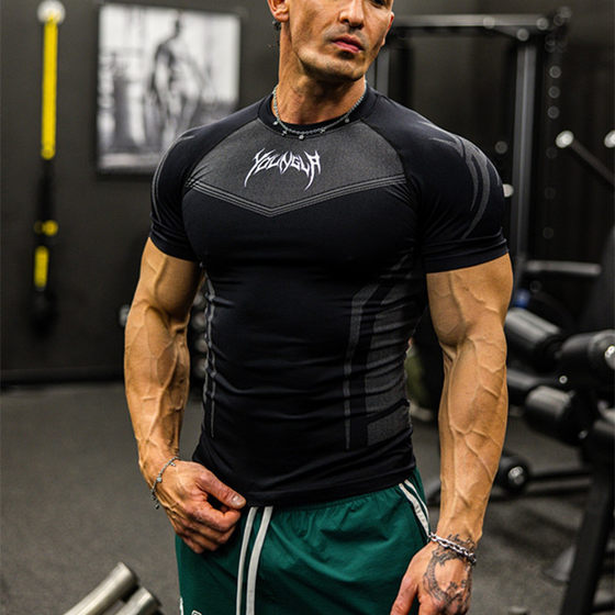 
YOUNGLA sports short-sleeved men's T-shirt American fashion brand fitness tights quick-drying elastic breathable summer high elasticity