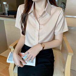 Apricot Acetate Satin Short-Sleeved Shirt for Women, Professional Summer Long-Sleeved Shirt for Petite Women, Design-Focused, Niche Style Top