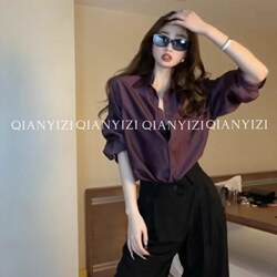 Purple Acetate Satin Shirt for Women, Spring and Autumn Style, Petite, High-End, Elegant Shirt, Loose-Fitting, Professional Long-Sleeved Top