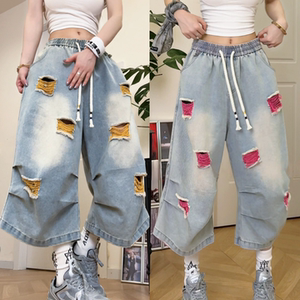 
Retro contrasting color drawstring ripped denim shorts men's wide-leg pants summer new loose and versatile slimming cropped pants