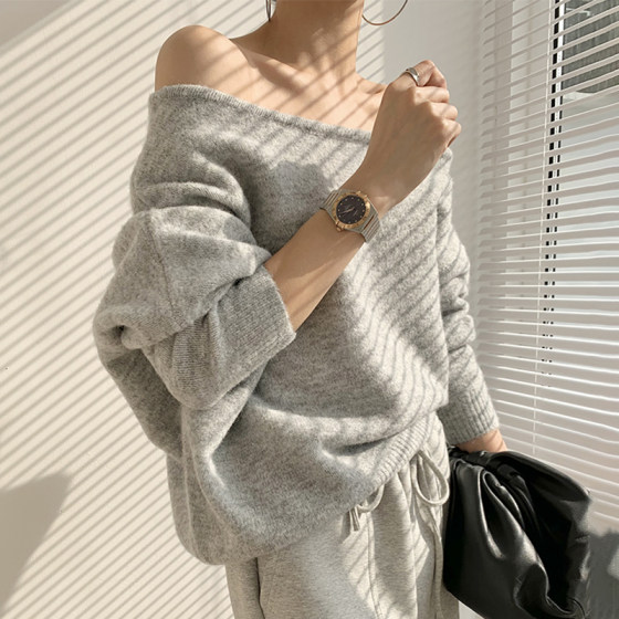 Korean chic autumn and winter niche temperament one-line collar off-shoulder loose casual versatile long-sleeved solid color knitted sweater for women