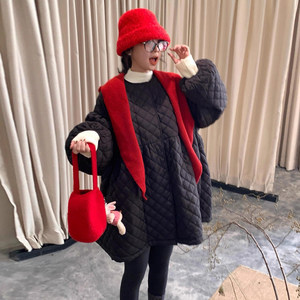
Cute age-reducing rhombus stitching fluffy cotton dress for women 2025 winter new niche loose A-line skirt