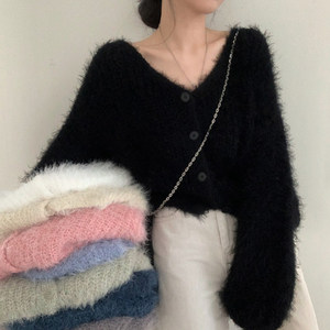 Korean chic autumn and winter niche lazy style V-neck exposed collarbone single-breasted loose versatile sweater top