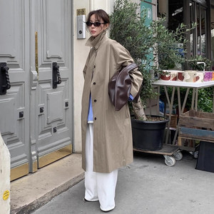 
High-end single-breasted solid color windbreaker jacket for women 2025 autumn new retro loose mid-length jacket top