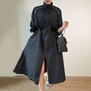 South Korea Chic autumn versatile collar hidden buckle design Loose high waist high -knee split trench dress female