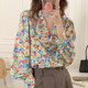 Korean chic retro pearl-trimmed double-layer large lapel single-breasted loose long-sleeved floral shirt top