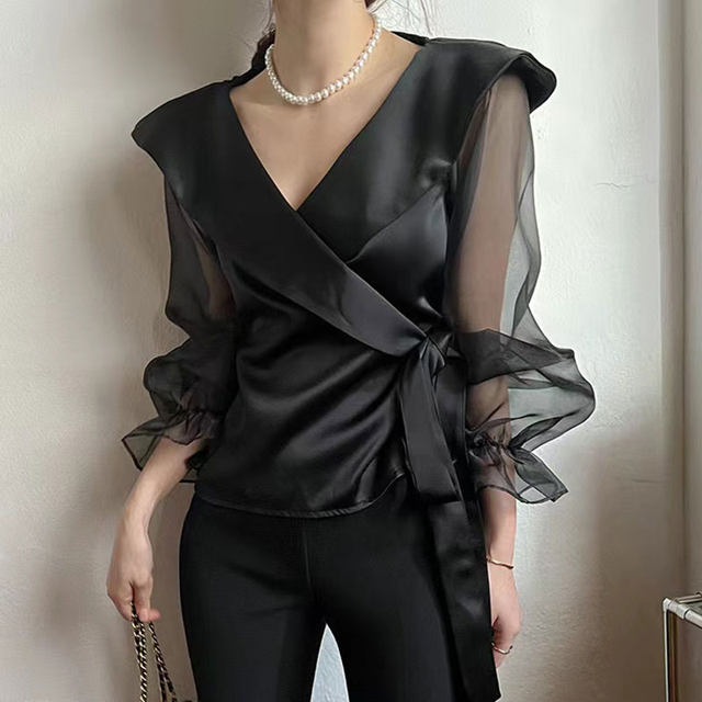 Korean chic spring French lapel satin gloss lace-up waist slim perspective mesh shirt top