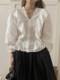 Korean chic autumn French retro lace V-neck spliced ​​ruffle lace waist long sleeve white shirt for women