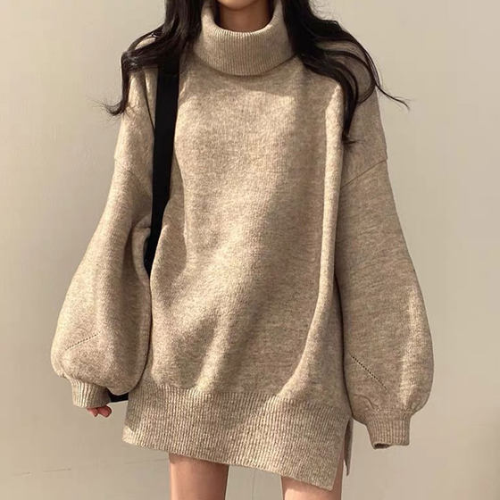 Korean chic autumn retro versatile turtleneck pullover loose lantern sleeve side slit medium length knitted sweater for women