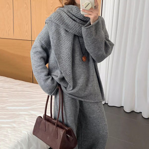 
Lazy style soft waxy knitted sweater for women 2025 winter new solid color hollow shawl casual trousers three-piece set