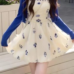 Summer Waist-Slimming Niche European Style Sweet Floral Camisole Dress + Cardigan Set for Women