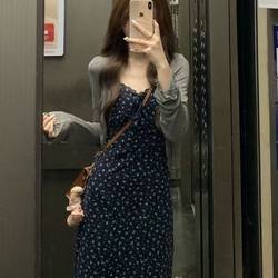 Floral Spaghetti Strap Dress with Waist-Cinching Skirt for Women, 2025 New Autumn Style, Paired with Cardigan, Perfect for Petite Figures, Stunning Korean Style Outfit