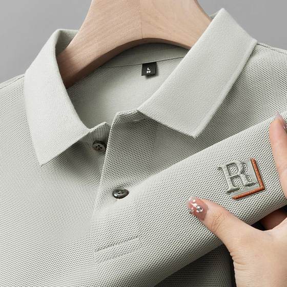 
Heavy foreign trade pure cotton long-sleeved T-shirt for men's lapel casual polo shirt autumn and winter men's letter pressing top