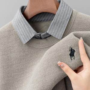 
(One velvet) High-end shirt collar fake two-piece men's sweater plus velvet thickened warm pullover knitted base shirt