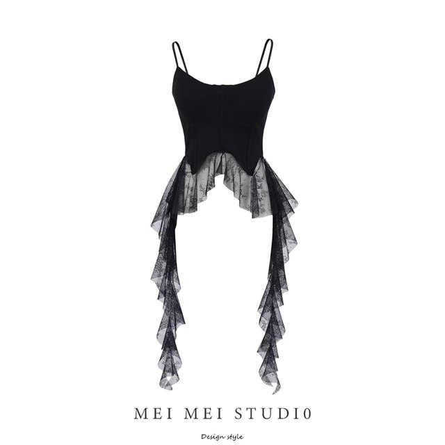 Design irregular suspender top for women with inner wear summer hottie tassels flowing black vest outside