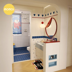 Momojia Dopamine Bathroom Tiles Dark Blue Mosaic Checkered Tiles Milky White Bathroom Wall Tiles Non-Slip Floor Tiles