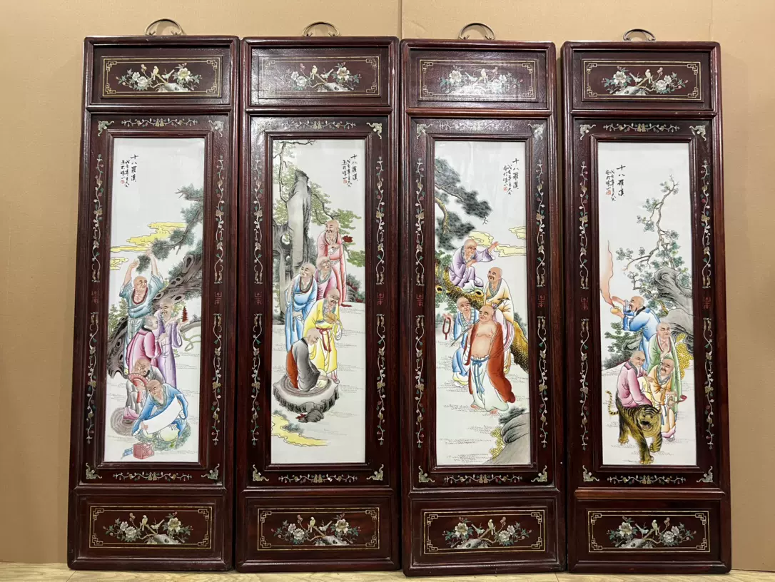 景德镇厂货瓷器珠山八友王大凡粉彩手绘十八罗汉瓷板画挂屏保真