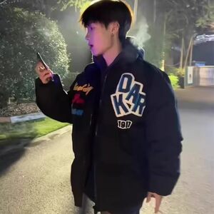 
American street letter embroidery stand collar cotton jacket men's winter trendy brand loose casual couple warm bread coat