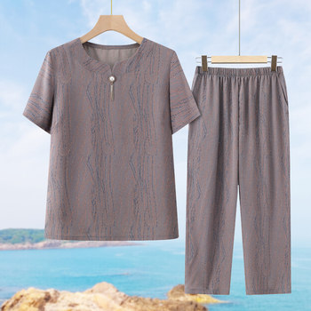 Middle-aged and elderly summer suit female grandma short-sleeved T-shirt fashionable mother summer two-piece loose elderly clothes