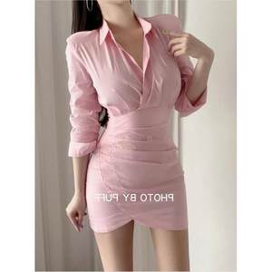 
MISS WU Pure Lust Shirt Dress Covered Hips High Waist Long Sleeve Covered Hips Short Skirt Dress