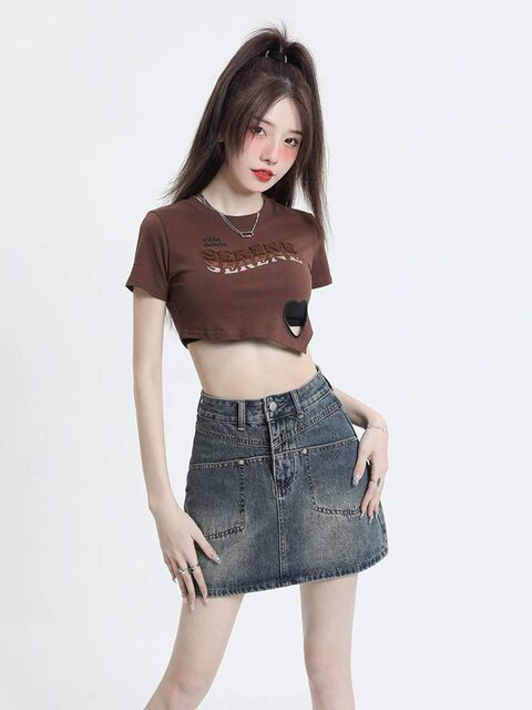 Anti-exposure high-waist denim skirt for women in summer thin Hong Kong-style hot girl slim straight A-line hip short skirt