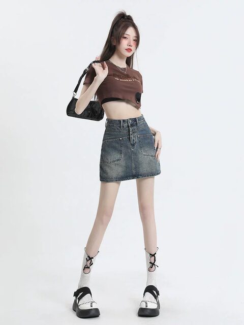 Anti-exposure high-waist denim skirt for women in summer thin Hong Kong-style hot girl slim straight A-line hip short skirt