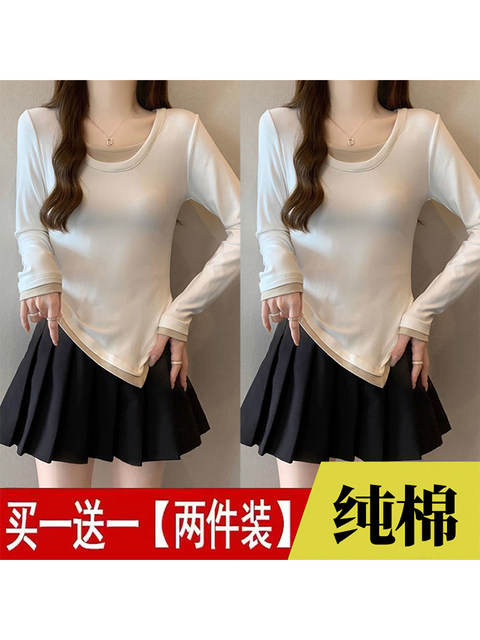 Fake Two Striped Color Matching Stitching Long Sleeve Women  T-shirt Hip Hop Style Bottoming Shirt