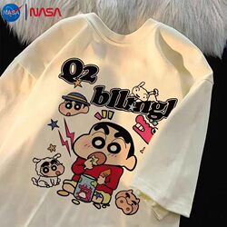 Nasa Heavyweight 100% Cotton Trendy Retro Short-Sleeved T-Shirt Xia Crayon Shin-Chan Niche Hong Kong Style Print Chic Trendy