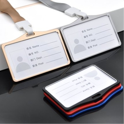 Free Shipping Aluminum Alloy Id Card Holder Lanyard Horizontal Blue Work Badge Holder Metal Badge Holder Chest Card Holder
