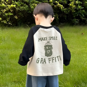 
Children's color-blocking cotton T-shirt long-sleeved spring and autumn new letter top for men and women ragging shoulders fashionable base shirt