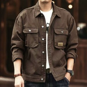 
New autumn and winter denim jacket for men loose wear-resistant multi-pocket trendy brand large-size men's work jacket denim jacket