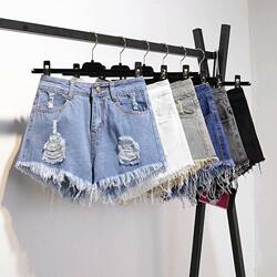 Plus-Size Denim Frayed Shorts for Women, Summer High-Waisted, for Chubby Girls, 100kg Loose Fit, Slimming, Ripped Wide-Leg Student A-Line Hot Pants