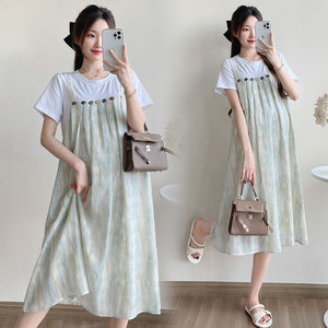 
Maternity dress 2026 new summer fashion high-end loose fake two-piece spliced suspender skirt maternity wear