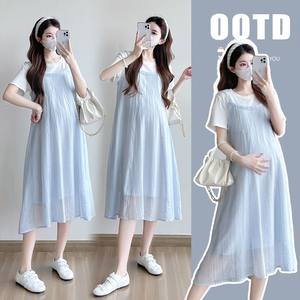 
Maternity dress 2026 new summer outer wear French style small fresh fat mm loose belly cover fake two-piece maternity dress