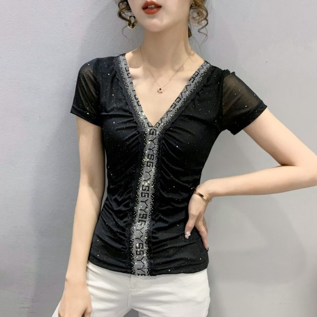 2024 new summer European sexy Vneck Tshirt women's shortsleeved