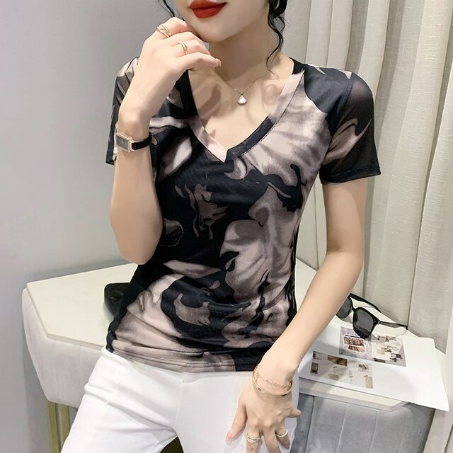 
Tie-dye printed short-sleeved women's summer 2024 new sexy V-neck mesh T-shirt European top fashionable and versatile small shirt