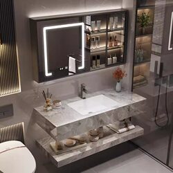 Bathroom Vanity Cabinet Set with Rock Slab, Hotel-Style Ceramic Seamless Integrated Basin Washbasin Cabinet Set