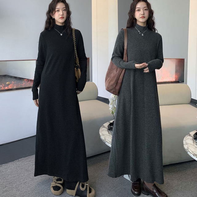 Autumn and winter plus size women's clothing for fat mm slimming belly-covering French solid color high-neck bottoming dress with A-line skirt inside